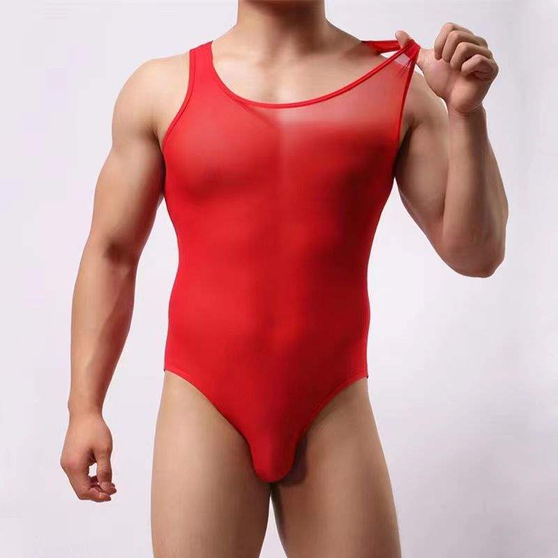 Image of Men’s sexy bodysuit shaping mesh summer cool GAY youth stretch jumpsuit breathable fitness underwear - red / S 90-100